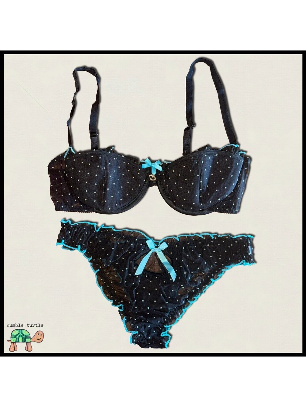 Coquette Lingerie Vintage Y2K Mesh Polka Dot Bra & Ruffle Panty Set | L | EUC